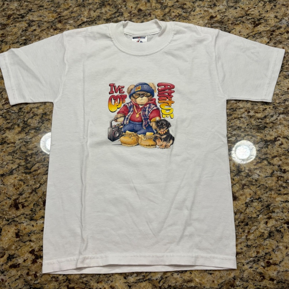 Vintage Jerzees Kids White I've Got Attitude Teddy Bear Graphic T-Shirt Size S v